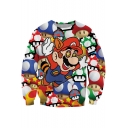 Happy Mario Print Round Neck Long Sleeve Sweatshirt