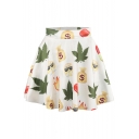 White Emoji Print Elastic Waist Mini Flared Skirt