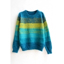 Stripe Color Block Round Neck Long Sleeve Sweater