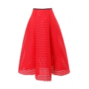 Plain Hollow Zipper Side Flared Midi Skirt