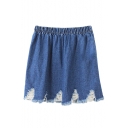 Plain Elastic Waist Ripped Hem Denim Mini A-Line Skirt