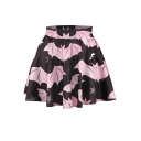 Pink Bat Print Elastic Waist Flared Mini Skirt