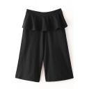 Plain Elastic Waist Double Pocket Ruffle Hem Bermuda Shorts