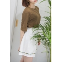 Plain Elasticated Ruffled-Waist Embroidery Hem A-Line Skirt