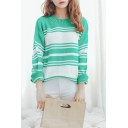 Color Block Stripe Long Sleeve Round Neck Knit Pullover Sweater