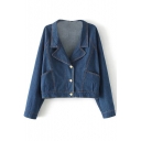 Lapel Blue Single-Breasted Long Sleeve Double Pocket Denim Jacket