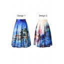 Landscape Print Elastic Waist Flared Midi Skirt