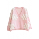 Pretty Flowers Pattern V-Neck Single Breasted Button Detail Cardigan