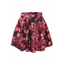 Red Floral Print Elastic Waist Mini Flared Skirt