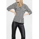 Stripe Lapel Double Pocket Long Sleeve High Low Shirt