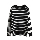 Color Block Stripe Round Neck Long Sleeve Sweater