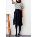 Plain Elastic Waist Lace Asymmetrical Hem Midi Pleated Skirt