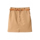 High Waist Plain Zipper Fly Woolen A-Line Mini Skirt with Belt
