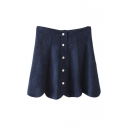 Zip Back Suede Petal Hem Buttons A-Line Mini Skirt