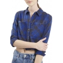 Lapel Plaid Long Sleeve Double Pocket Crop Shirt