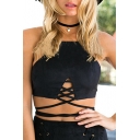 Halter Tie Front Plain Cropped Tee