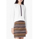 Long Sleeve Round Neck Tribal Embroidery Front Button Shirt