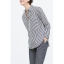 Black and Wide Stripe Single Pocket Lapel Long Sleeve Shirt