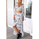 Wrap Front Long Sleeve Short Top with High Low Maxi Skirt