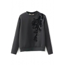 Black Tiger Embroidery Round Neck Long Sleeve Sweatshirt
