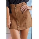 Button Down Suede A-Line Mini Skirt