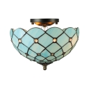 Mediterranean Sea Blue Pattern 12 Inch Semi Flush Mount Ceiling Light in Tiffany Stained Glass Style