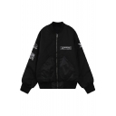Zipper Long Sleeve Embroidery Black Jacket
