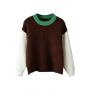 Round Neck Long Sleeve Color Block Patchwork Sweater