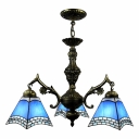 European Fashion Bronze Finished Blue Stained Glass Tiffany 3-light Chandelier