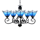 Blue Stained Glass Wrought IronTiffany Five-light Chandelier with Uplight