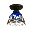 Blue Stained Glass Country Style 6 Inch Wide Tiffany Semi Flush Mount Ceiling Light