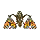 Two-light Country Style 16 Inch Wide Tiffany Wall Sconce with Dragonfly Pattern