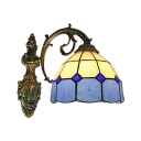 8 Inch Wide Downward Lighting Wall Sconce with Stained Glass Dome Shade in Blue