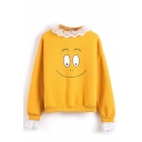 Lace Round Neck Smile Face Print Sweatshirt