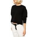 Round Neck Long Sleeve Black Cropped Sweatshirt