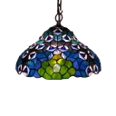 Dark Blue Peacock Pattern 12 Inch Hanging Pendant Lighting in Tiffany Stained Glass Style