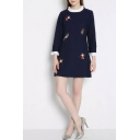 Stand Up Neck Bird Embroidery Long Sleeve Color Block Dress