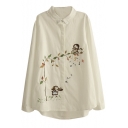White Lapel Girls & Tree Embroidery Dip Hem Shirt