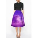 Purple High Waist 3D Cloud Sky Print A-Line Midi Skirt