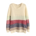 Color Block Round Neck Long Sleeve Stripes Sweater
