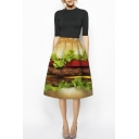 High Waist Hamburger Print A-Line Midi Skirt