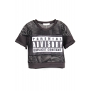 Round Neck Gauze Patchwork Letter Print Cropped Tee