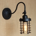 Gooseneck LED Wall Sconce in Satin Black Finish with Cylinder Cage