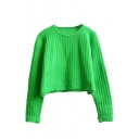 Round Neck Long Sleeve Plain Button Detail Cropped Sweater