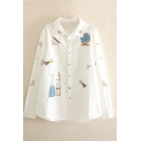 Stationery Print Heart Embroidery Lapel White Shirt