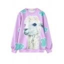 Alpaca Print Color Block Long Sleeve Loose Pullover Sweatshirt
