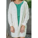 Double Pockets Hollow Out White Longline Cardigan
