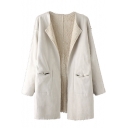 Suede Plain Lamb Wool Lining Long Sleeve Open Front Coat