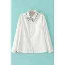 Cat Embroidery White Button Down Single Pocket Shirt