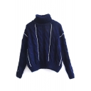 Turtleneck Cable Knit Vertical Stripes Long Sleeve Sweater